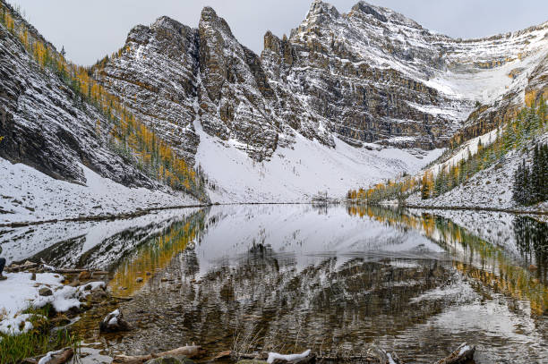 Lake Agnes with Mont Whyte and Mont Niblock with snow near Lake Louise at 2135m altitude with perfect water reflection those mountains on the lake's water