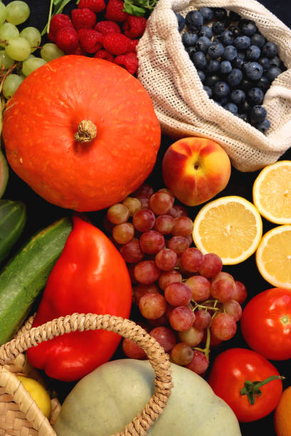 istock Straw Bag And Healthy Produce On Dark Background 2178753066