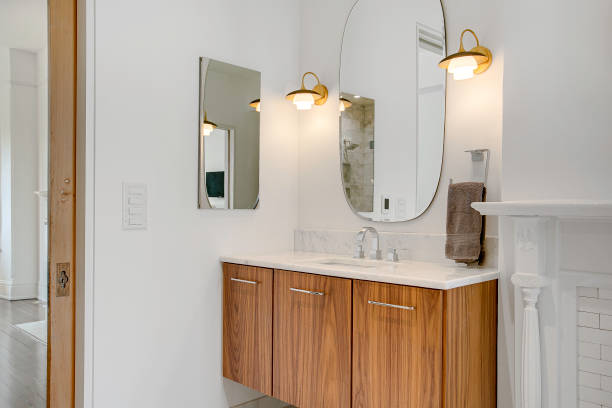 istock Modern White Bathroom With Wooden Vanity, Elegant Decor. 2178753500