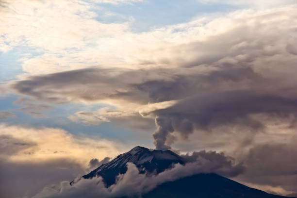 Popocatepetl active volcano on a cloudy landscape at Puebla, Mexico.