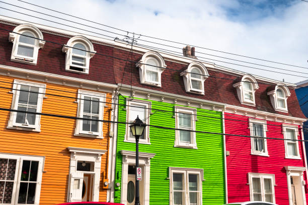 Vibrant, colorful houses in downtown St. John's, Newfoundland, Canada, featuring iconic painted homes that showcase local charm and architectural style.