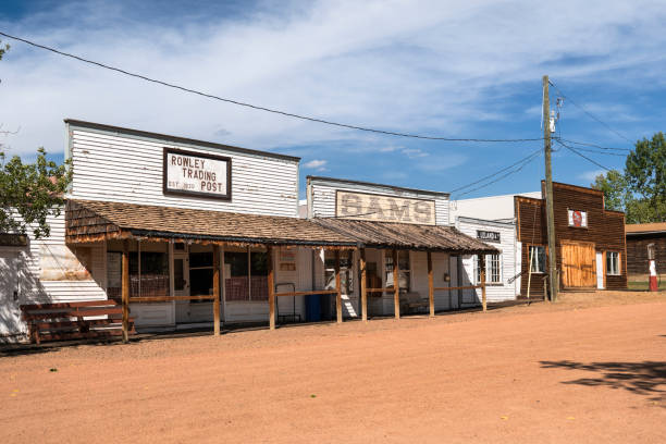 Rowley, Alberta - August 26, 2024:  The ghost town of Rowley, Alberta, Canada, featuring preserved historic buildings on the open plains, capturing the essence of the past