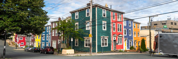 Vibrant, colorful houses in downtown St. John's, Newfoundland, Canada, featuring iconic painted homes that showcase local charm and architectural style.