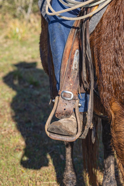 istock Cowboy boot in a horse stirrup. 2178758203
