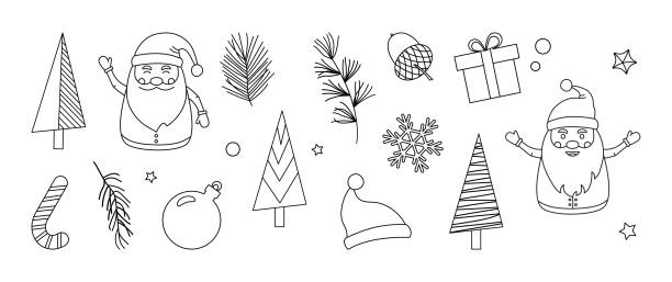 istock Christmas line icon, Xmas doodle, winter set outline design. Holiday decoration element. Santa Claus, gift box, candy cone, deer, ball, snowflake, hat, fir and pine tree. Season vector 2178758436