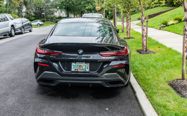 New York City, USA - August 26, 2023: 2020 BMW M850 Gran Coupe car, back view.