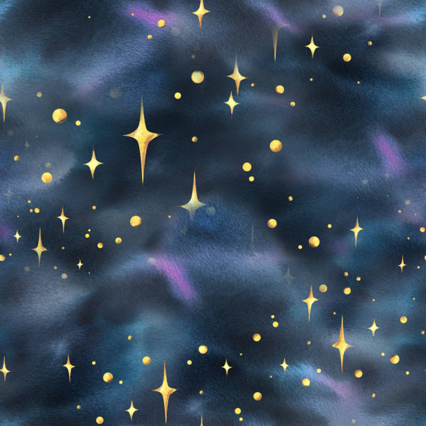 istock Night sky dark blue with clouds and nebulae, paint spots, ink with golden stars and shimmer. Hand drawn watercolor illustration. Seamless texture pattern. 2178763307