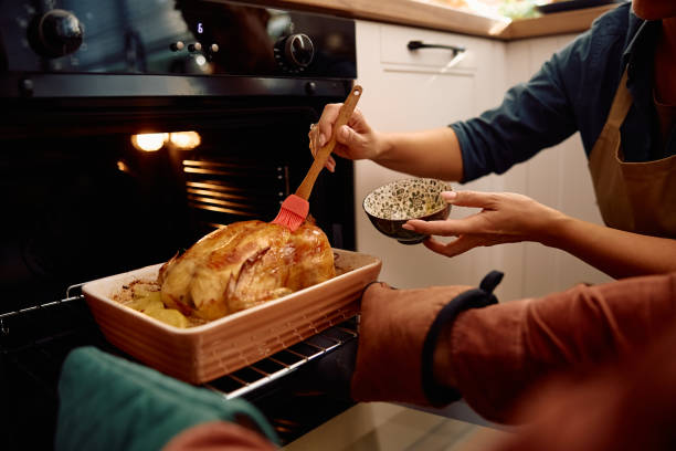 istock Close up of couple basting roast turkey while making Thanksgiving dinner. 2178772195