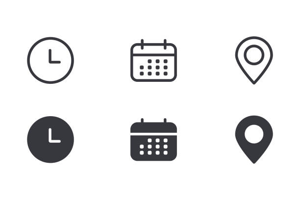 bildbanksillustrationer, clip art samt tecknat material och ikoner med time data and clock line icons. clock icon in trendy flat and line style isolated on white background. icons for date, time, era, duration, period, span, hour, minute, watch, timer, time keeper - informationsskylt