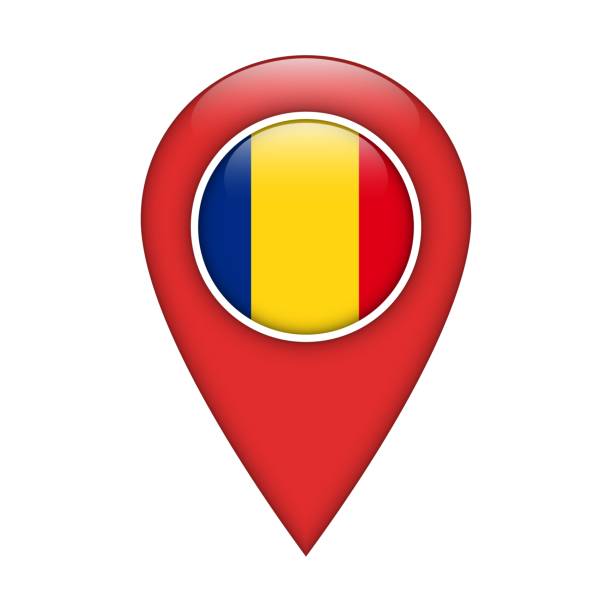 stockillustraties, clipart, cartoons en iconen met pinpoint vector icon with romania national flag isolated on white background. map pointer symbol for website, gps navigator, apps. illustration in flat design. location marker. geolocation mark on the map. - vlag van roemenië