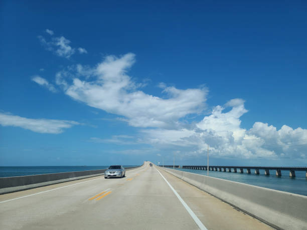 A scenic view of a Florida Keys highway stretching over water, with cars traveling. The sky is bright blue with fluffy white clouds, and the ocean is visible on both sides of the road.