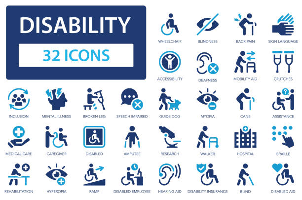stockillustraties, clipart, cartoons en iconen met disability icon set. disabled people, blind, wheelchair, deafness, blindness, mental illness, crutches. - toegankelijkheid