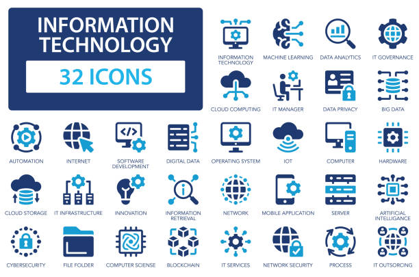 ilustrações de stock, clip art, desenhos animados e ícones de information technology icon set. programming, network, website, data analytics, internet, cloud computing, big data. - base de dados