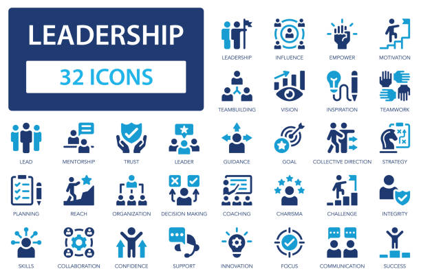 zestaw ikon przywództwa. lider, delegowanie, kontrola, coaching, wizja, wpływ, odpowiedzialność. - lider stock illustrations