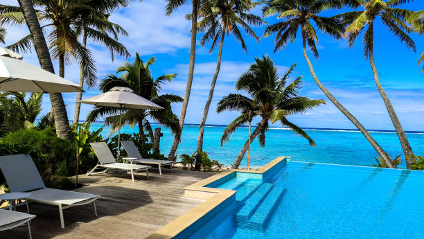 istock Lush tropical paradise Cook Islands. Sparkling pool overlooks turquoise lagoon, white sandy beach. Perfect escape relaxation tranquility. 2178797638