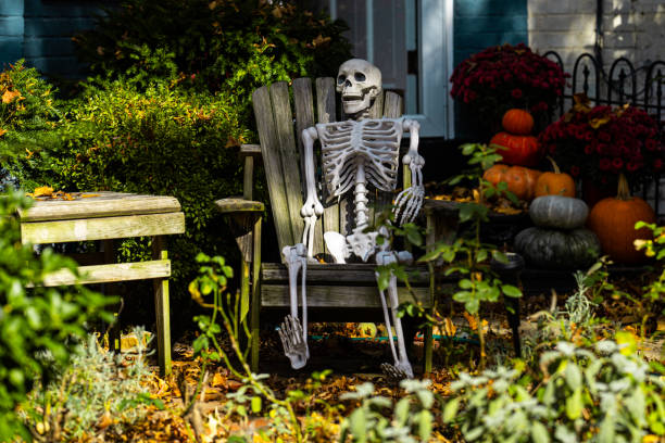 istock Halloween skeleton decorations. Halloween skeleton for decorated house. Scary skeleton Decorated at front yard of a American home. Trick or treat. Halloween skeleton background. 2178798621