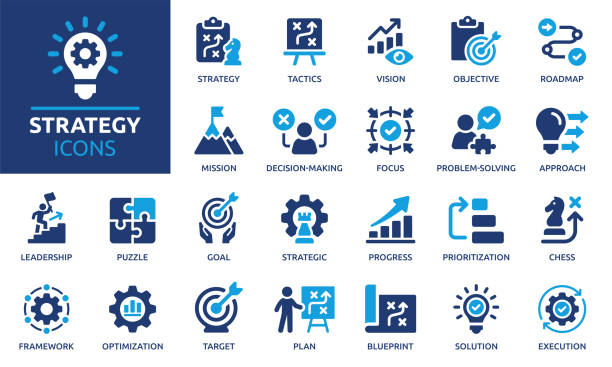 Containing goal, tactics, vision, plan, objective, roadmap, problem-solving, mission, solution and execution. Solid vector icons collection.