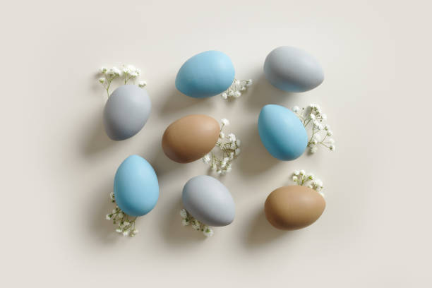 istock Easter Aesthetic with Matte Eggs and Delicate Florals, painted chicken egg decorated white flowers, top view on beige background, spring holiday concept. Minimal style pattern in pastel tones 2178815838