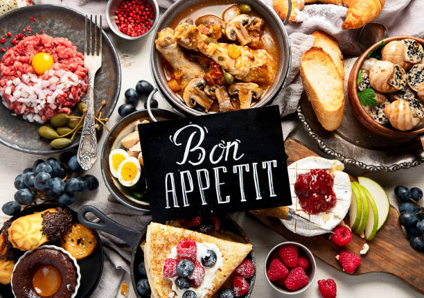 Traditional french food dishes, family dinner or lunch, View from above