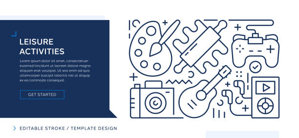 Leisure Activities Themed Editable Vector Line Art Design Modern editable stroke vector design centered around the theme of Leisure Activities. Perfect for both digital and print use, this illustration features an engaging composition of icons related to Leisure Activities. Ideal for branding, presentations, web designs, or any creative project that needs a professional and minimalistic touch. Easy to customize and integrate into your workflow. disco themed party stock illustrations