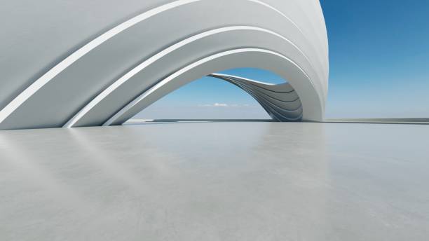 istock 3d render of white futuristic architecture, abstract structure with empty concrete floor 2178830514