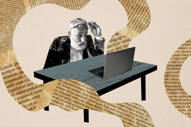 istock Creative collage picture elder man online book reader novel text page laptop digital device computer web drawing background 2178837411