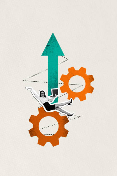 istock Sketch image composite artwork 3D collage of workspace cogwheel arrow grow young lady office manager businesswoman success work laptop 2178838342