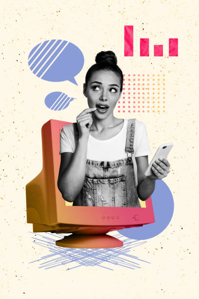 istock Vertical composite artwork collage image picture of mini girl computer screen smart phone mind bubble isolated on creative background 2178839467