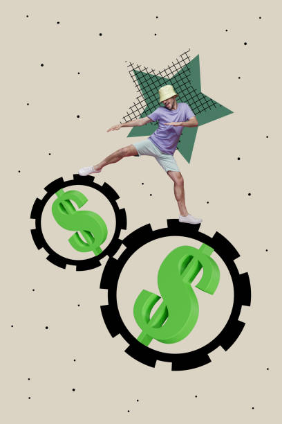 istock Vertical composite artwork collage image picture of mini guy dance big money cogwheel isolated on creative background 2178839576