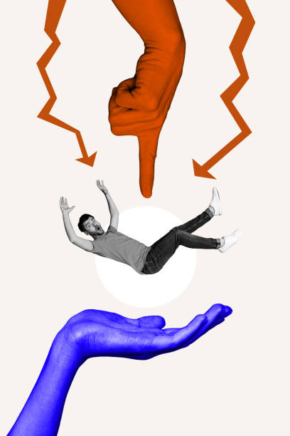 istock Vertical composite artwork collage image picture of arm point finger mini falling guy arrow down isolated on creative background 2178839600