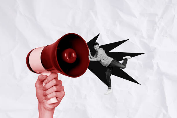 istock Creative collage young man loudspeaker announce proclaim black friday promotion speech say information attention hand hold 2178839788