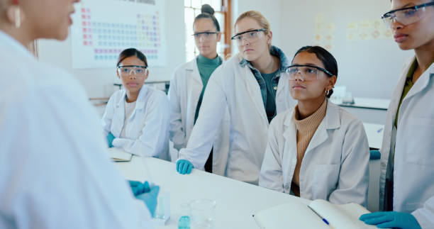 istock Science, laboratory and teacher with students for learning, education and research at medical university. School, biotechnology and woman with people for experiment, studying and teaching at college 2178839829