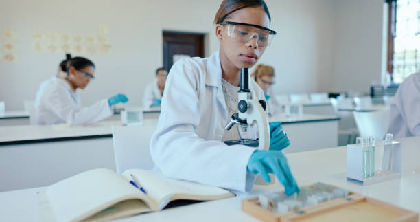 istock High school, girl and microscope in science classroom for chemistry analysis, sample study and practical lesson. Student, notes and learning of medical research for experiment with ppe safety in lab 2178839830