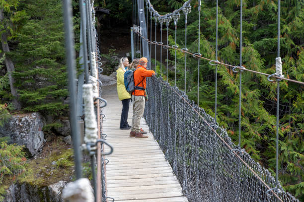 istock Guide and guests hike across suspension bridge over river 2178840121