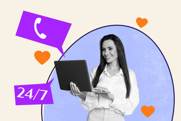 istock Creative collage young businesswoman laptop browsing customer support 24/7 telephone operator call helpline specialist drawing background 2178840209