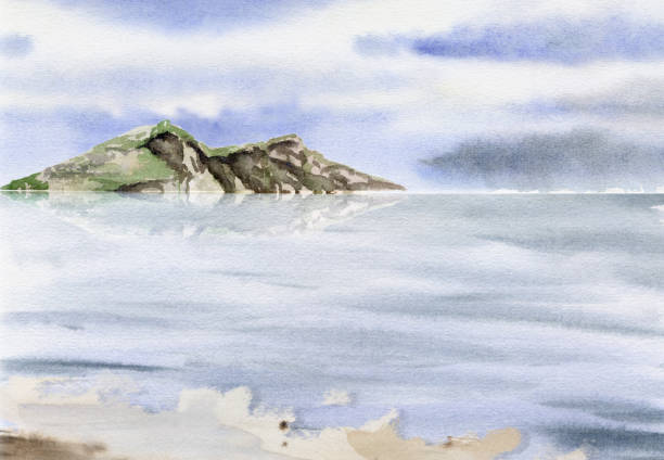 istock Scenery landscape cloudy blue sky, mountain cliffs on horizon, water with waves, sea lake ocean, sandy shore. Watercolor hand drawn illustration for tourism, resort, hiking camping vacation, postcard. 2178840326