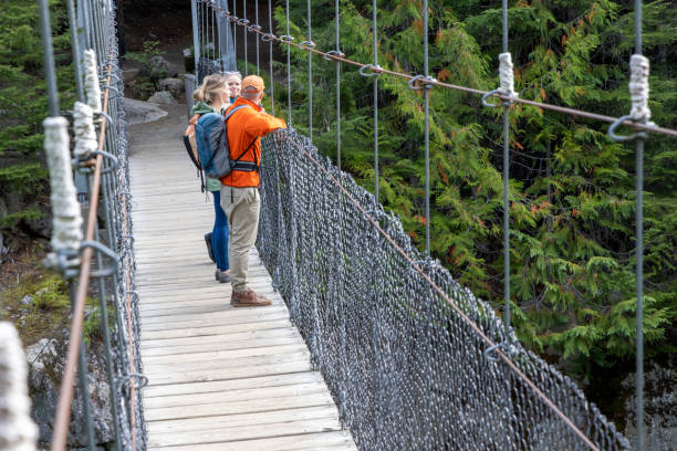 istock Guide and guests hike across suspension bridge over river 2178840333