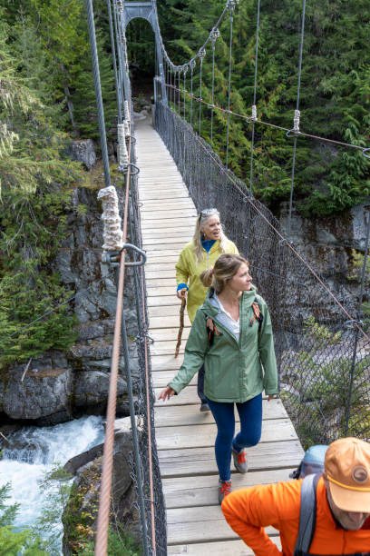 istock Guide and guests hike across suspension bridge over river 2178840461