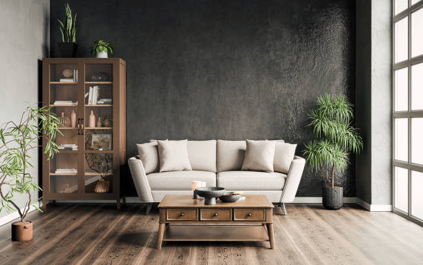 istock Contemporary living room with a gray sofa on dark wall background. Modern design solution, 3d render 2178841321