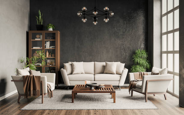 istock Contemporary living room with a gray sofa on dark wall background. Modern design solution, 3d render 2178841322