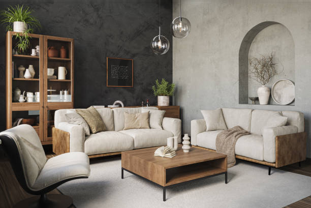 istock Contemporary living room with a gray sofa on dark wall background. Modern design solution, 3d render 2178841367