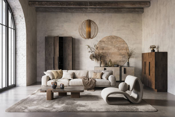 istock Modern and cozy interior in neutral tones with natural elements like dried plants, concrete wall and old wooden furniture. Rustic interior, 3d render 2178841378
