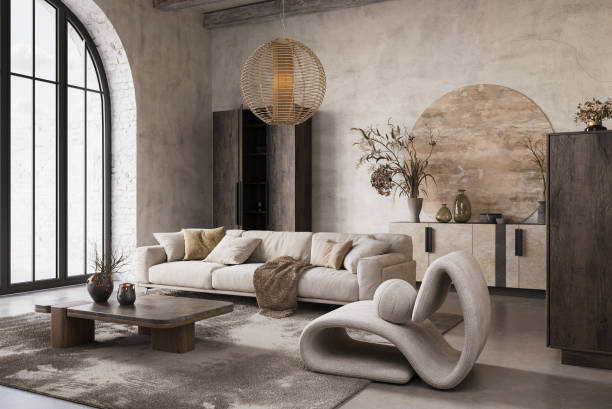 istock Modern and cozy interior in neutral tones with natural elements like dried plants, concrete wall and old wooden furniture. Rustic interior, 3d render 2178841379