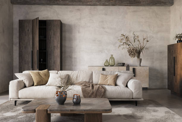 istock Modern and cozy interior in neutral tones with natural elements like dried plants, concrete wall and old wooden furniture. Rustic interior, 3d render 2178841382