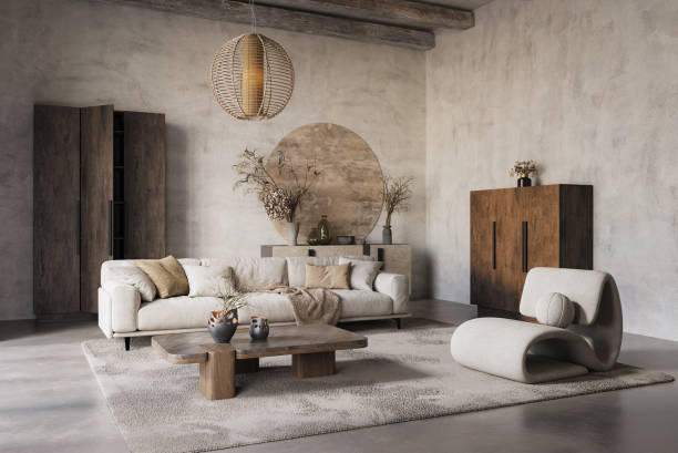 istock Modern and cozy interior in neutral tones with natural elements like dried plants, concrete wall and old wooden furniture. Rustic interior, 3d render 2178841383