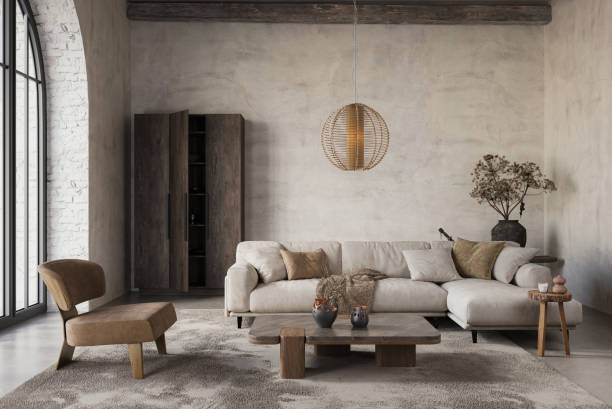 Modern and cozy interior in neutral tones with natural elements like dried plants, concrete wall and old wooden furniture. Rustic interior, 3d render