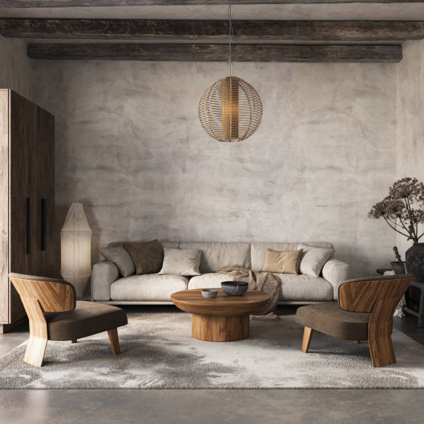 istock Modern and cozy interior in neutral tones with natural elements like dried plants, concrete wall and old wooden furniture. Rustic interior, 3d render 2178841403