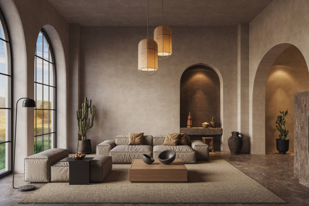 istock The room features arched walls and windows with neutral stucco walls, illuminated by warm yellow lights, 3d render 2178841404