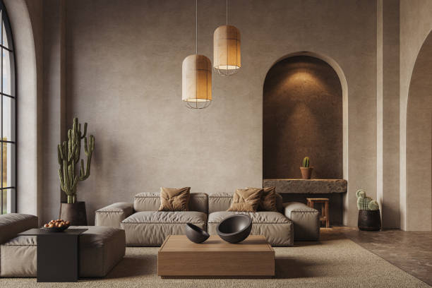 The room features arched walls and windows with neutral stucco walls, illuminated by warm yellow lights, 3d render