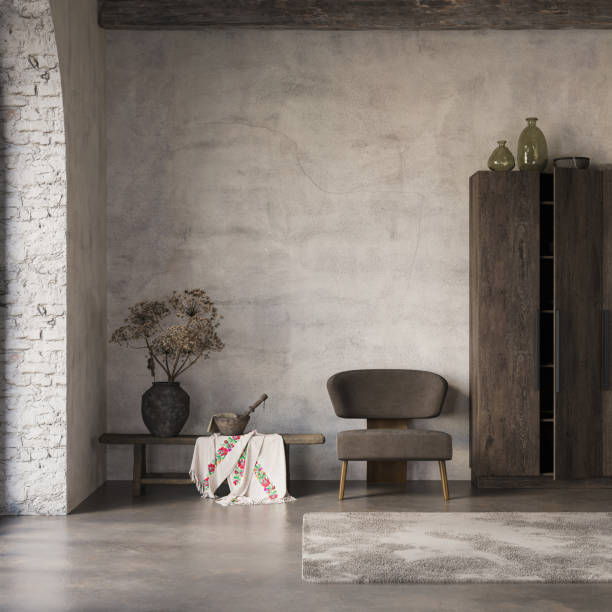 istock Modern and cozy interior in neutral tones with natural elements like dried plants, concrete wall and old wooden furniture. Rustic interior, 3d render 2178841409